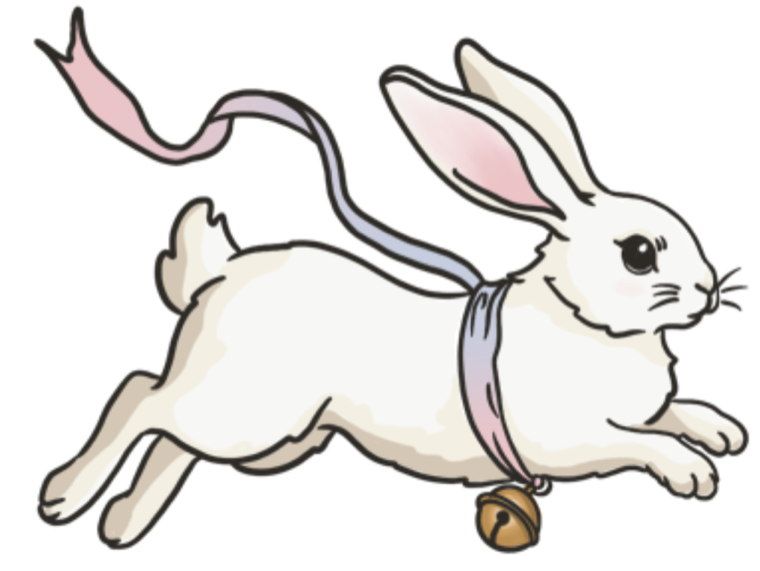 A hand-drawn running bunny with a ribbon