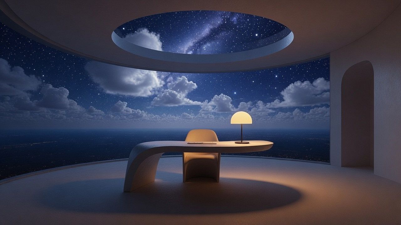 The same round room at night, stars through the oculus
