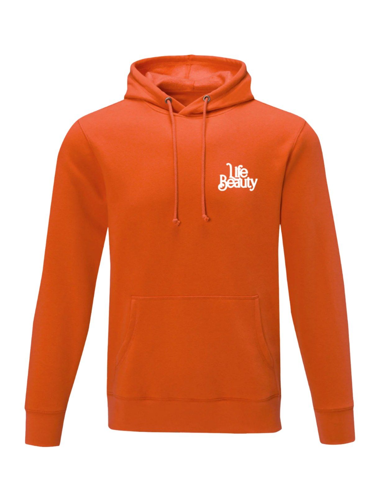 An orange hoodie with the LifeBeauty mark